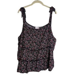 Molly & Isadora Womens Peasant Blouse 4X Spaghetti Straps Black Red Ditsy Floral